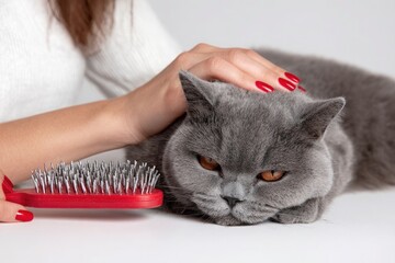 Woman Grooming a British Shorthair Cat with a Brush on White Background for Pet Care