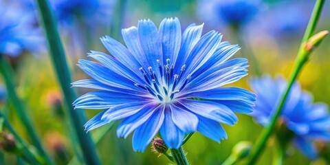 Surreal Blue Chicory Flower Closeup, Dreamy Meadow, Macro Photography, Botanical Art