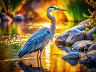Surreal Great Blue Heron Fishing Canal Rocks - AI Art Surrealism Photography