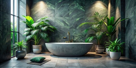 Surreal Granite Grey Bathtub, Dark Tile, Houseplant, Elegant Bathroom Photography