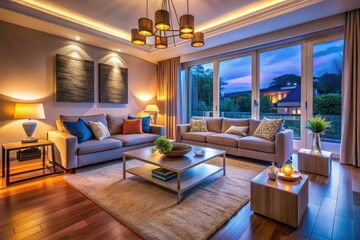 Smart Home Twilight Living Room: Cozy Relaxation with Modern Lighting & Furniture