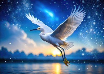 Snowy Egret in Flight, Blue Sky, Winter, Night Photography, Bird, Wildlife, Nature