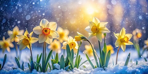 Surreal Spring Snow Daffodils: Double Exposure Photography, Yellow Flowers, Winter Spring Contrast