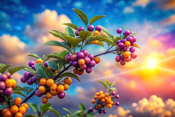 Solanum Torvum Watercolor Clouds Bokeh Sky - Turkey Berry Artistic Image