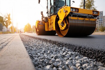 Road Roller Compacting New Asphalt on a City Street During Road Construction and Improvement Project