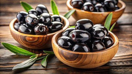 Top-Down View Black Olives Wooden Bowls High Depth of Field Photo