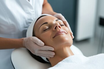 Beautician performing relaxing face massage on client in spa