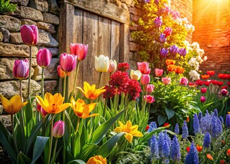 Spring Flowers Garden Wall Sunny Day Photography - Colorful Blooms Rule of Thirds