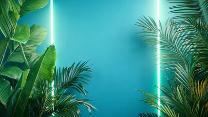Tropical foliage with neon lights on solid background nature botanical design - Powered by Adobe