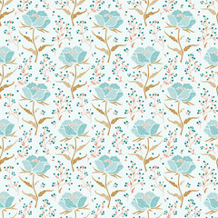 Vector Wildflowers Seamless Pattern. Floral Background with Turquoise Flowers, Yellow Leaves, Berry Branches. Beautiful Ditsy Floral Print for Spring, Summer, Autumn Nature Vintage Wallpaper