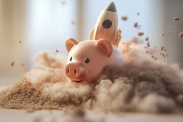 Piggy bank with rocket booster flying through dust cloud leaving debris behind