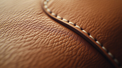 Close up of textured brown leather with detailed stitching, showcasing craftsmanship and quality material. rich color and intricate pattern highlight elegance and durability of leather