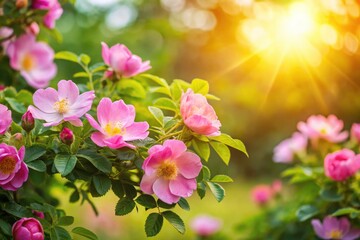 Spring Rosehip Bloom, Park Landscape Photography, Vibrant Pink Flowers, Nature Scenery