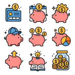 Collection of set of piggy bank illustrations perfect for financial themed designs, educational materials, saving money concepts, and children's  financial literacy.