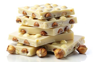 Stacked White Chocolate Hazelnut Bars, Close-up, Isolated White Background - Gourmet Candy Photography