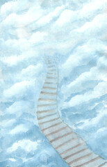 Watercolor painting nature background of blue sky, white clouds and staircase on paper. illustration for heaven or heavenly sky concept. copy space for the text. Hand painted texture style. vertical