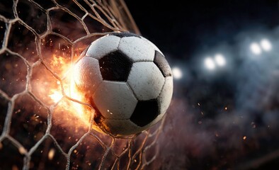 Fototapeta premium Soccer ball on fire hitting the net during a night game with stadium lights