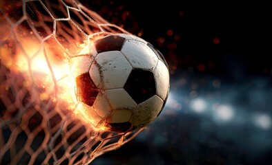Fototapeta premium Fiery Soccer Ball Impacting Net Goal Scored Dramatic Sports Moment Black Background