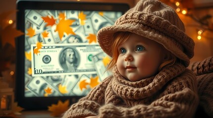A young girl with bright blue eyes and rosy cheeks gazes intently at a tablet displaying an image of a 100 dollar bill surrounded by autumn leaves