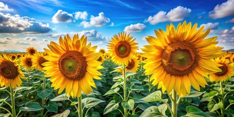 Stunning Sunflowers Field, Vibrant Yellow Blooms, Blue Sky Background, Summer Landscape Photography