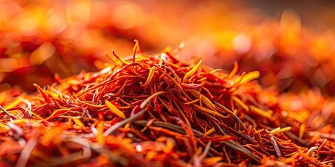 Stunning Tilt-Shift Saffron Pile Photography - Macro Images of Spices, Aromatic Herbs, Culinary Photography, Food Photography, Saffron Threads, Spice Market, Indian Spices, Close-Up Saffron