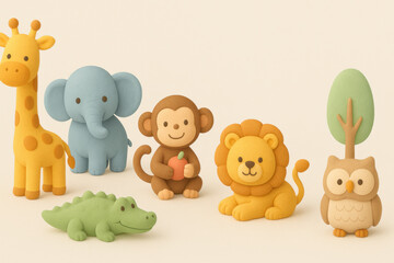 Colorful clay animal figures including giraffe, elephant, monkey, lion, crocodile, and owl with tree, playful and cute design