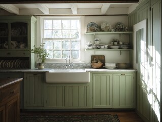 Fototapeta premium A sage-green kitchen with antique-style cabinets.