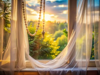 Sunlit Tulle Curtain, Cozy Morning Sunlight, Home Interior, Soft Light Photography