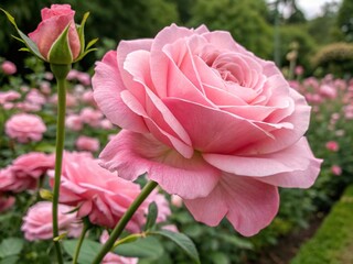 Fototapeta premium A beautiful pink rose bush blooms in the summer garden, its delicate petals showcasing nature's love and beauty
