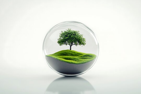 crystal globe of green planting tree on tropical nature summer background, ecology and Environment renewable energy concept eco earth day save the world