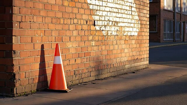 Traffic cone on concrete against brick wall industrial urban safety pattern