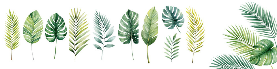 Lush, vibrant green leaves showcasing various tropical plant species, featuring intricate details, highlights of yellow and darker shades, suitable for botanical themes and eco-friendly designs