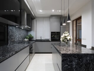 Modern kitchen with dark granite countertops and gray cabinetry.