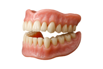 full set of upper and lower dentures on transparent background. Detailed dental prosthesis showing...