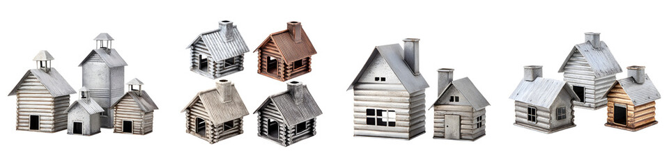 Charming, rustic miniature houses in various styles, featuring wooden, metal textures and earthy tones, ideal for home decor, craft projects, and seasonal displays