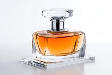 Elegant perfume bottle sitting on glass surface reflecting light
