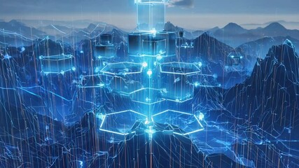 A vast glowing digital canyon night, blue terrain geometric grids wireframes, cubes air data packets. canyon's core, levitating cube vault fractals decentralized quantum blockchain hub data crypto - Powered by Adobe