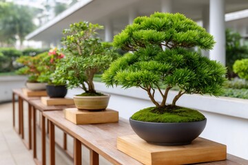 Lush green bonsai trees decorating a wooden table