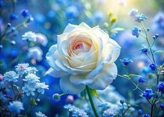 Tilt-Shift Miniature White Rose & Blue Flowers, Fairy Garden, Whimsical Bloom, Macro Photography