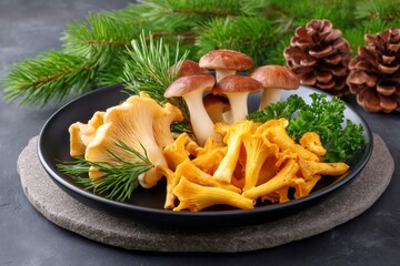 Fresh chanterelle and saffron milk cap mushrooms decorating a black plate