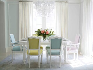 White dining room table with pastel colored chairs.