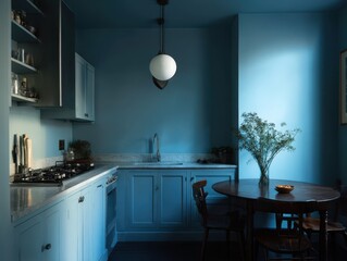 A teal-toned kitchen with a round table and a modern pendant light.