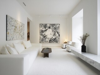 Modern white living room with abstract art.