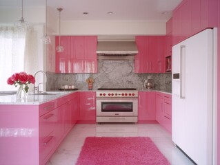 Pink kitchen with modern appliances and a colorful rug.