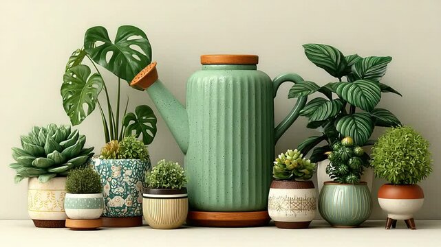 Pastel home decor still life: watering can and potted plants create a serene display