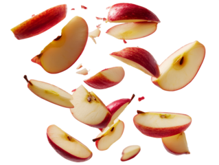 Falling Red Apple Slices on Transparent Background, PNG