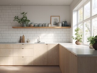 Bright and airy modern kitchen with light wood cabinetry.