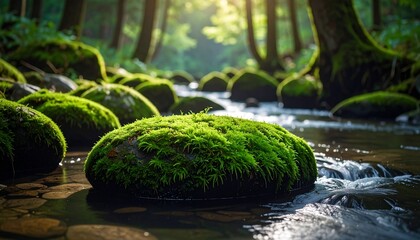 Algae growing on stone in slow-moving stream