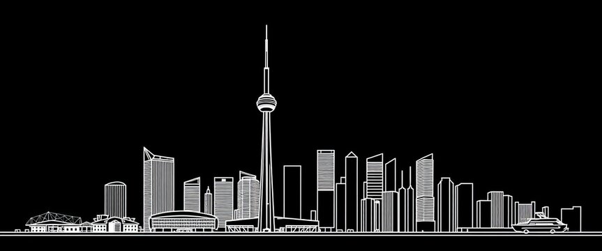 Fototapeta Toronto skyline, minimalist white line art on black background vector illustration , tower, horizon