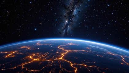 Stunning view of Earth from space, showcasing glowing lines of light across planet surface against backdrop of stars and distant galaxy. image evokes sense of wonder and exploration